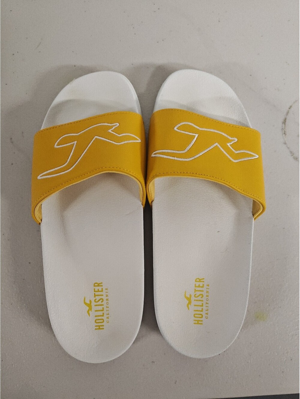 Hollister Slide Sandals Yellow White Logo Unisex Large (Fits Men's 9-10)